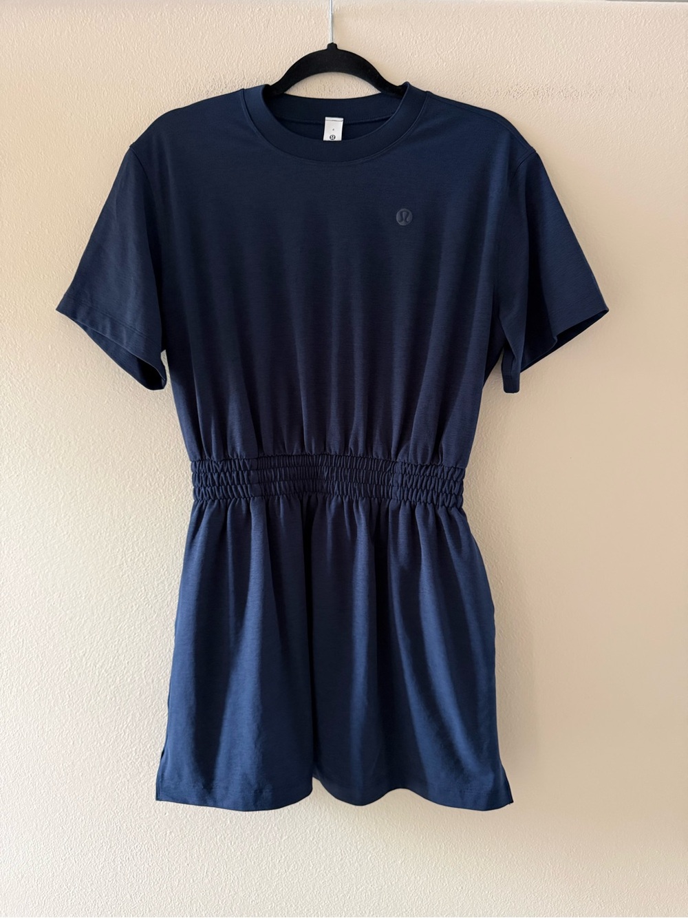 Lululemon Navy Short-Sleeve Smocked Waist Mini Dress With Pockets